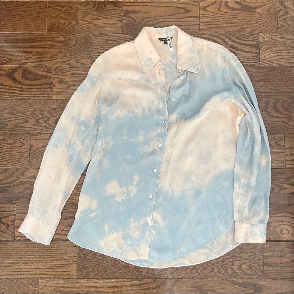 Massimo Dutti Silk Button-Down Shirt - Cream & Baby Blue Tie Dye